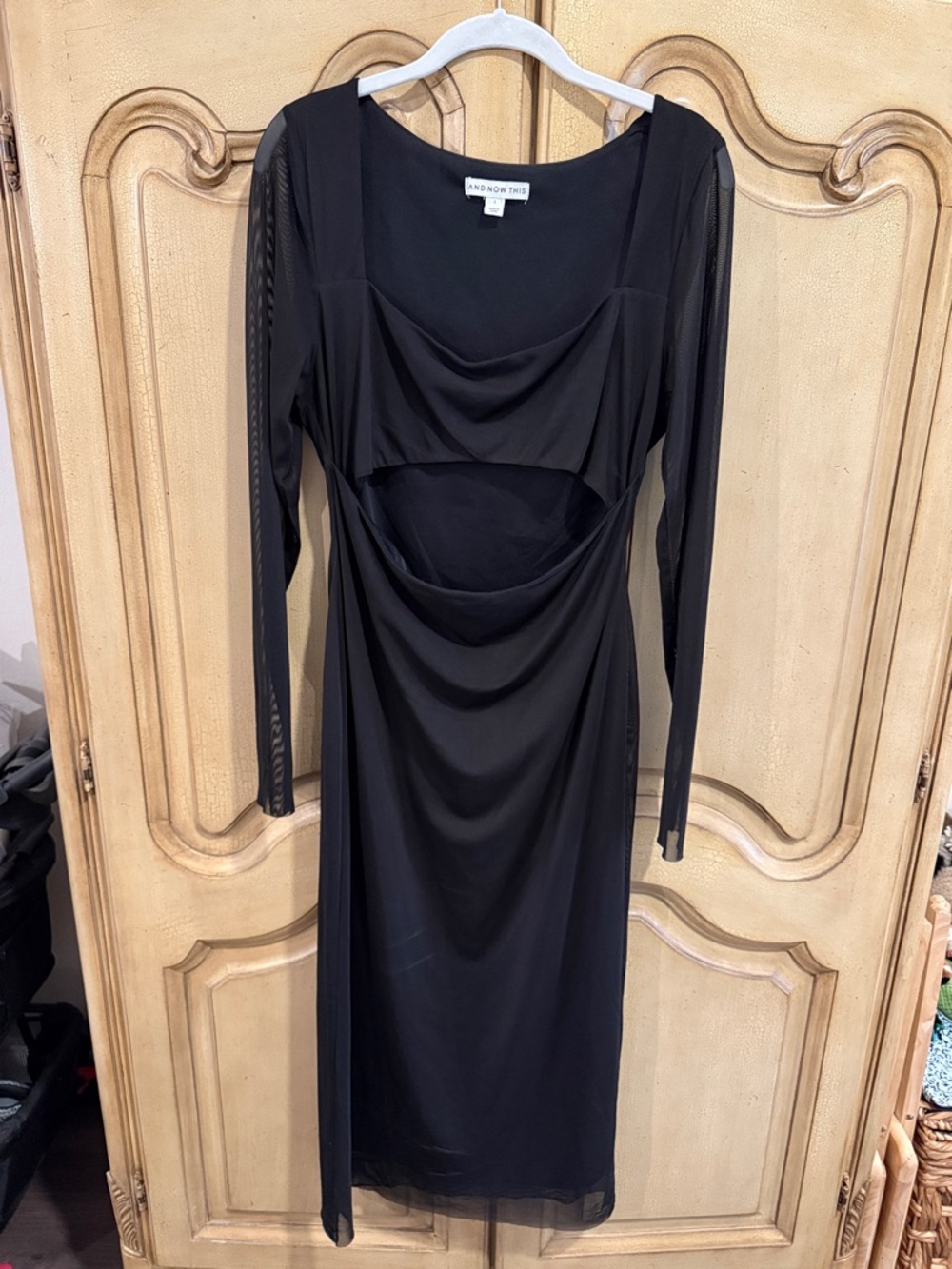 And Now This Black Long-Sleeve Cutout Draped with Mesh sleeved Midi Dress